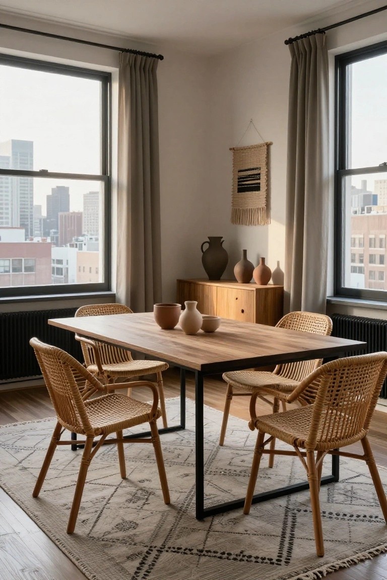 A sunlit dining room with a rectangular wooden table on black metal legs, four rattan armchairs, terracotta pottery on the table and wooden sideboard, woven wall hanging, gray curtains on large windows overlooking city buildings, and a beige patterned rug.