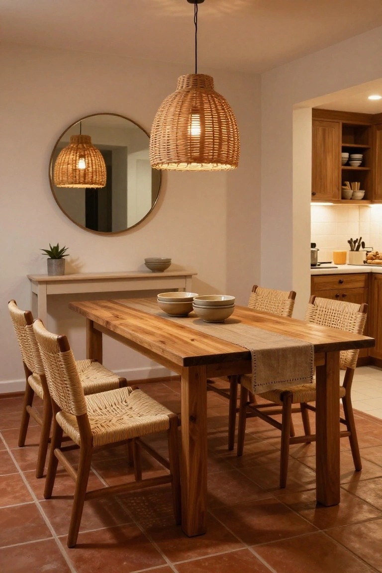 Dining room featuring a rectangular wooden table with beige runner and ceramic bowls, four rattan chairs, two woven rattan pendant lights including one reflected in a round brass mirror on the wall, a wooden sideboard with plant, and adjacent wood cabinet kitchen with terracotta tile floor.