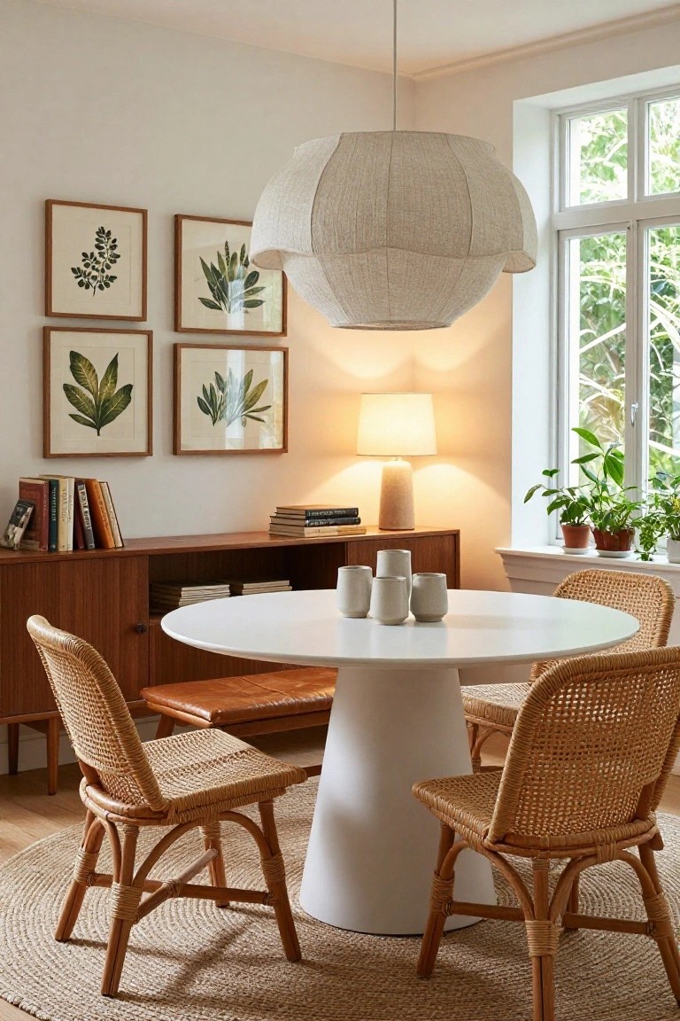 A dining room corner with a round white pedestal table and four rattan chairs on a seagrass rug, a wooden credenza with books and a lamp, botanical prints on white walls, a large beige fabric pendant light overhead, and plants by a window.