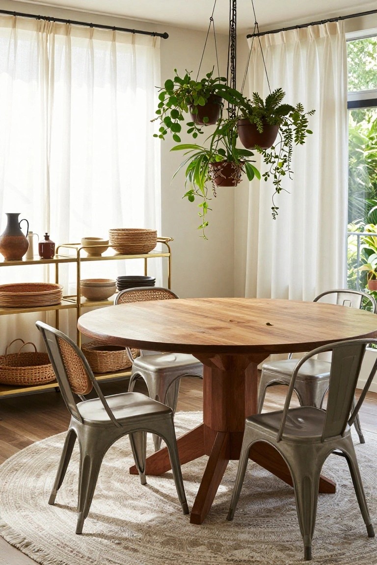 Bright dining room interior with a round wooden pedestal table, four gray metal chairs on a round light rug, gold metal shelving unit stocked with pottery bowls, woven baskets, and plants, plus multiple hanging potted plants from the ceiling near large windows with sheer curtains.