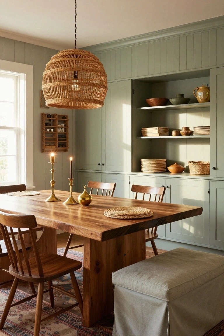 Dining room with sage green paneled walls and built-in cabinets featuring open shelving stocked with ceramic bowls, plates, and pots, a live-edge wooden table with woven placemats and brass candlesticks, wooden chairs, rattan pendant light, and a cushioned bench.
