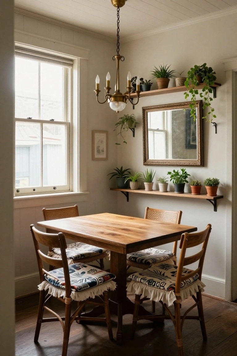 Square wooden dining table with four rattan chairs and patterned fringed cushions in a white-walled room featuring a brass chandelier, ornate mirror, multiple potted plants on wooden wall shelves and window ledge, and a large sash window.