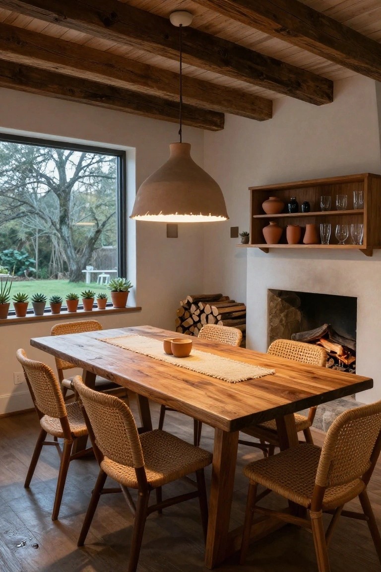Dining room interior with exposed wooden ceiling beams, a rectangular wooden table surrounded by rattan chairs, a lit stone fireplace with stacked logs, potted succulents on a large windowsill overlooking trees and garden, and wooden shelves holding pottery and glasses.