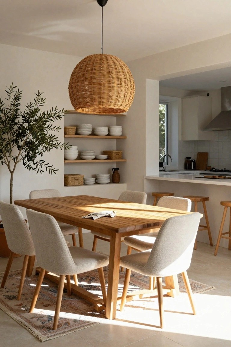 A dining room with a large spherical woven rattan pendant light hanging over a rectangular wooden table surrounded by beige upholstered chairs, an olive tree nearby, open shelves holding white dishes and baskets, and a visible kitchen with white cabinets and wooden bar stools.