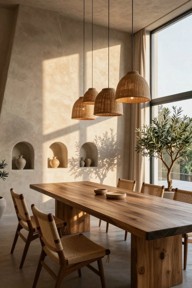 A sunlit dining room with beige textured walls featuring arched niches holding ceramic pots, a long wooden table with woven rattan chairs, multiple hanging rattan pendant lights, and large windows showing an olive tree outside.