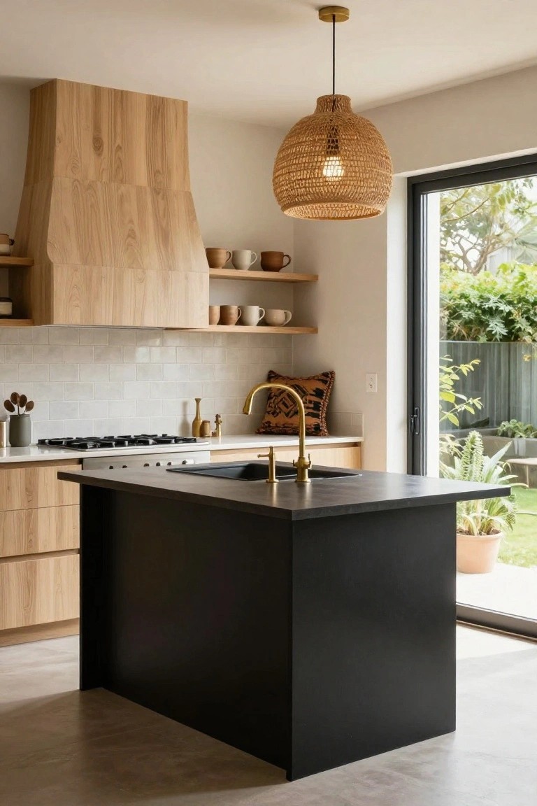 Modern kitchen interior with light oak cabinets and tall wooden range hood, white subway tile backsplash, matte black central island with sink and gold faucet, rattan pendant light, and glass door to backyard garden.