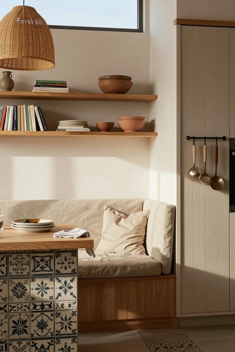A kitchen nook with a wooden island featuring blue and white patterned tiles on the sides, built-in beige linen bench seating with pillows, wooden open shelves holding books and ceramic bowls, and brass ladles hanging on a rod next to beige cabinetry.