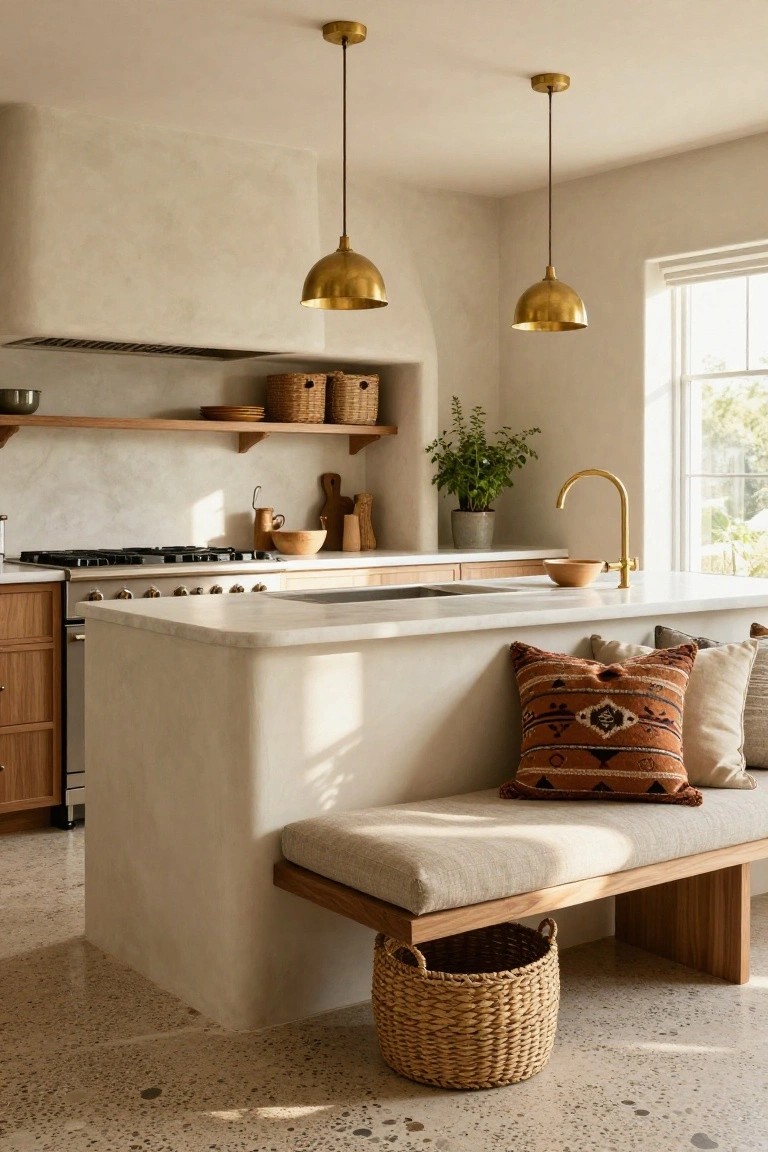 A modern kitchen with a curved white island countertop featuring a wooden bench seat with beige cushions and patterned pillows, gold pendant lights, brass faucet, wooden shelves with pottery, and terrazzo floor.