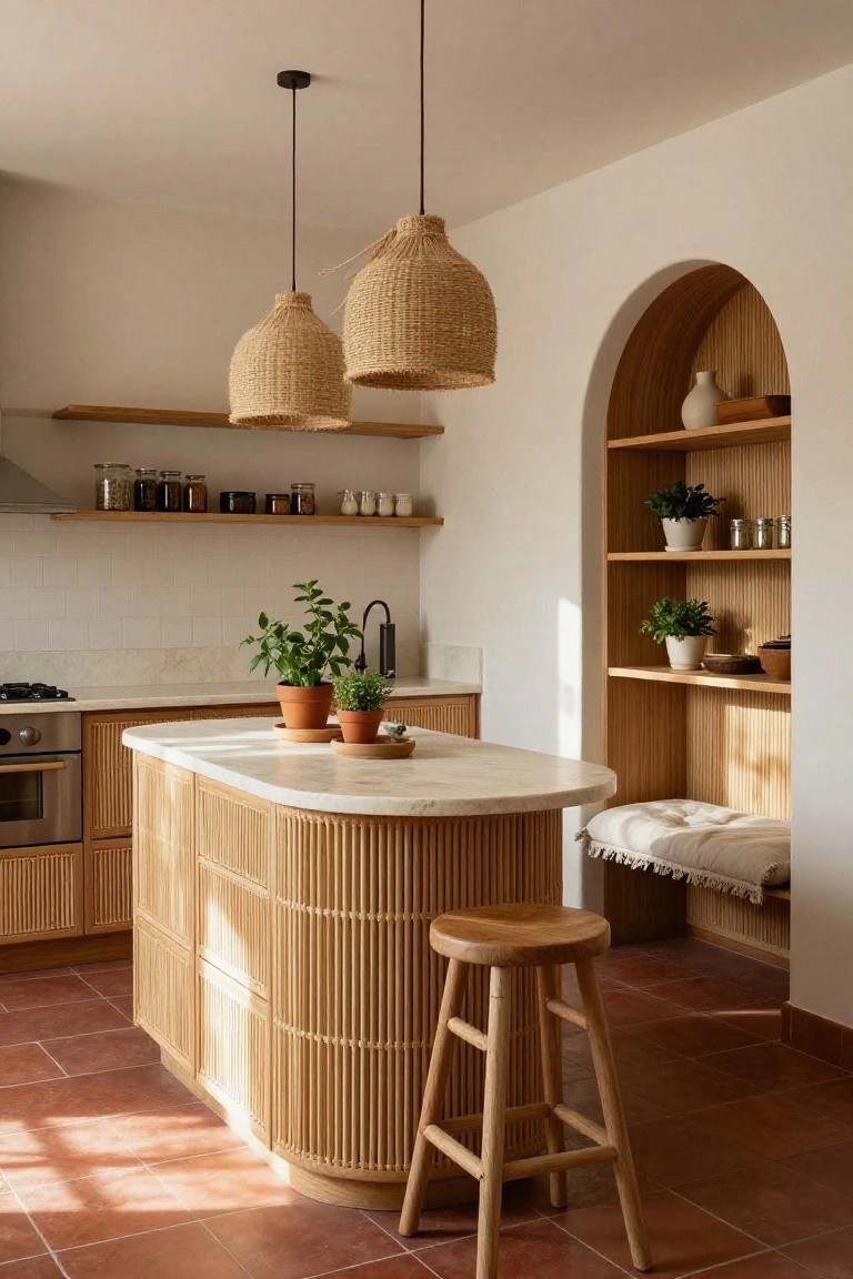A boho-style kitchen with a curved white island featuring vertical bamboo wrapping, a wooden bar stool beside it, potted herbs on the counter, rattan pendant lights overhead, and an arched wooden niche shelf with plants and pottery on white walls and terracotta tile floor.