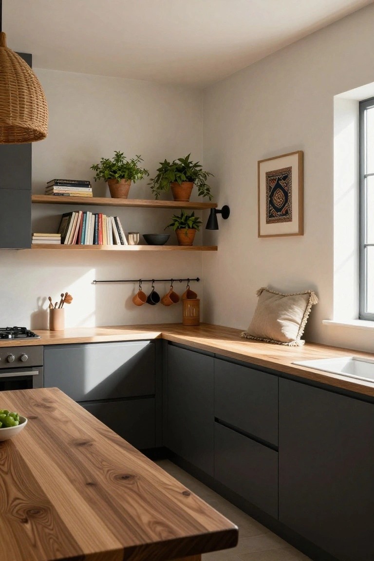 Corner kitchen with dark grey cabinets, light wooden countertops and freestanding island, open shelves holding books and potted plants, rattan pendant light overhead, hanging utensils, and a window with pillow on sill.