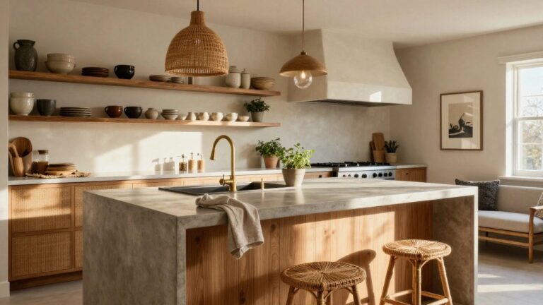 22 Modern Boho Kitchen Ideas That Balance Style and Function Kitchen interior with two hanging rattan pendant lights over a wood-paneled island with white quartz top and rattan bench, beige walls, open shelves with ceramics, and window light.