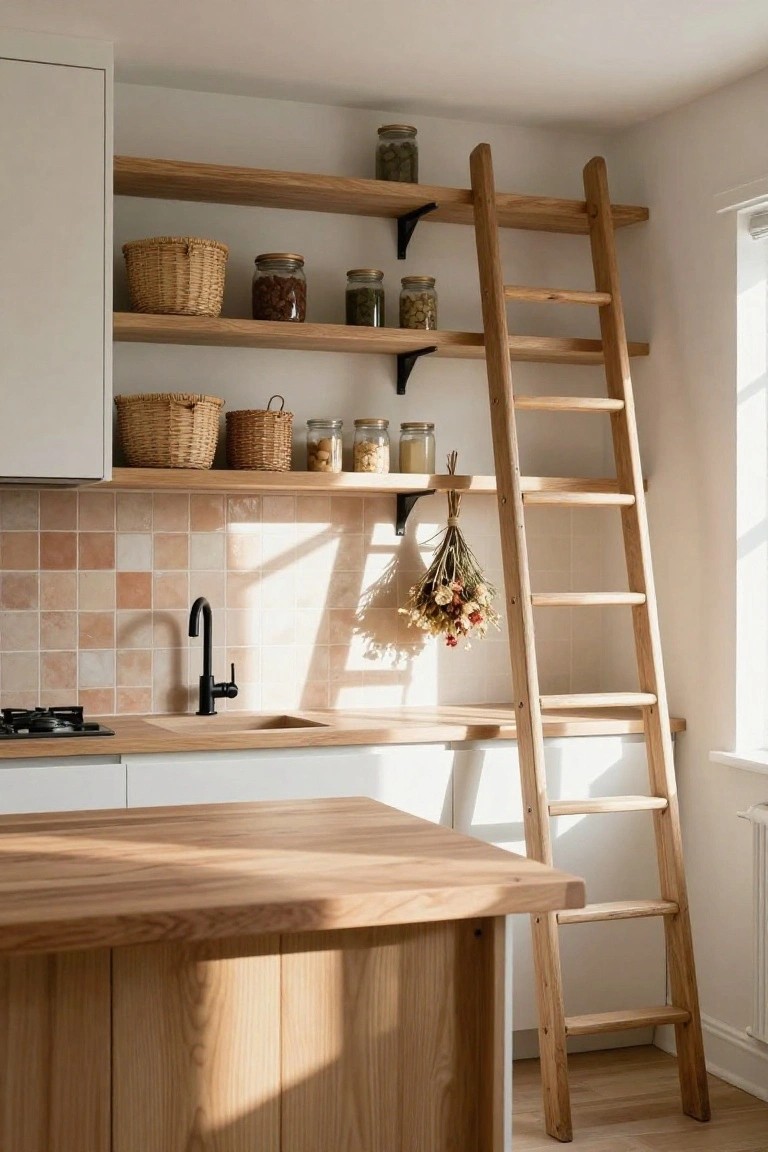 Kitchen with tall wooden ladder shelving against white cabinets, holding glass jars, wicker baskets, dried herbs, terracotta tile backsplash, black faucet, wooden island, and oak flooring.