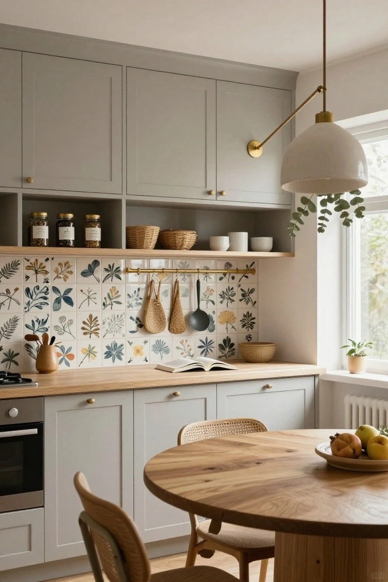Modern kitchen with greige shaker-style cabinets, oak countertop, colorful botanical tile backsplash, brass hanging rail with utensils, and round oak table with rattan chairs by a window.