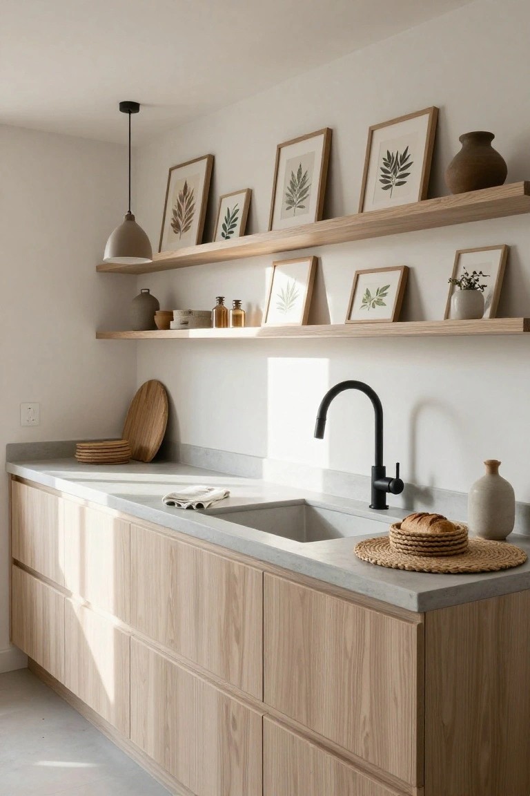 Kitchen interior with light oak cabinets and open oak shelves displaying framed botanical leaf prints, pottery vases, and jars above a concrete countertop and black gooseneck sink faucet.
