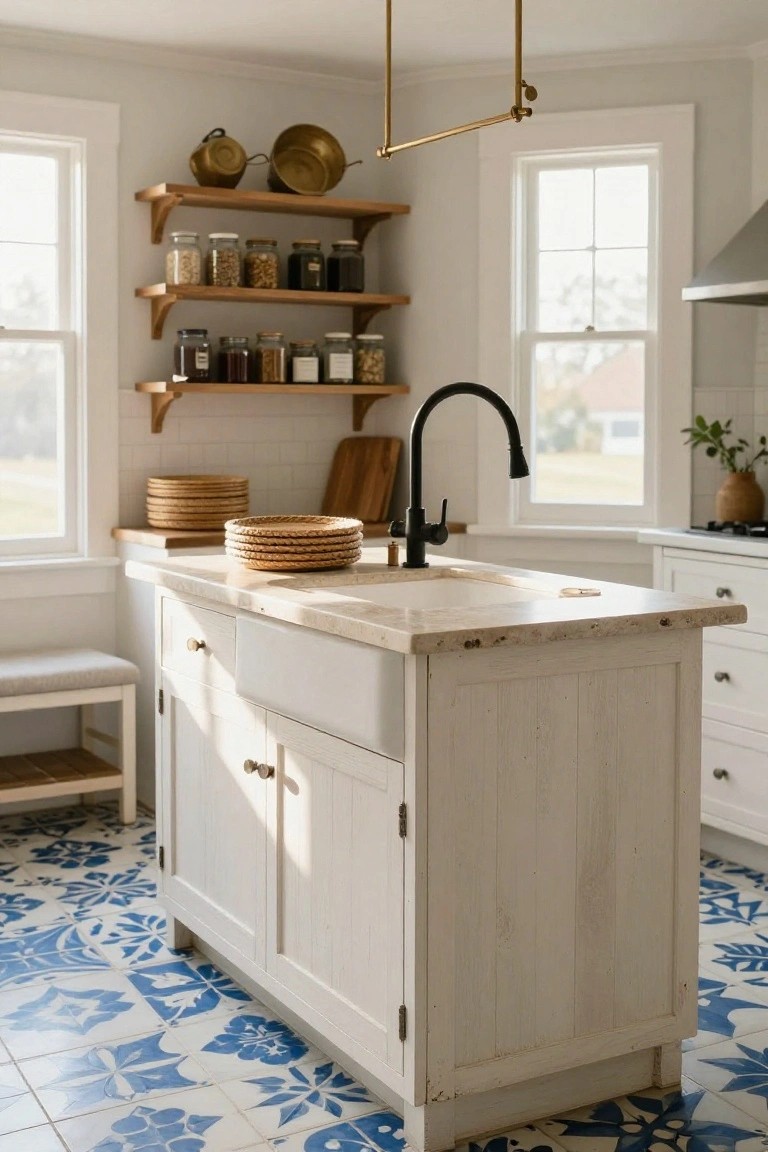 White wooden kitchen island with farmhouse sink and black gooseneck faucet on blue floral-patterned tile floor, wood shelves holding jars and brass cookware, woven plates on counter.