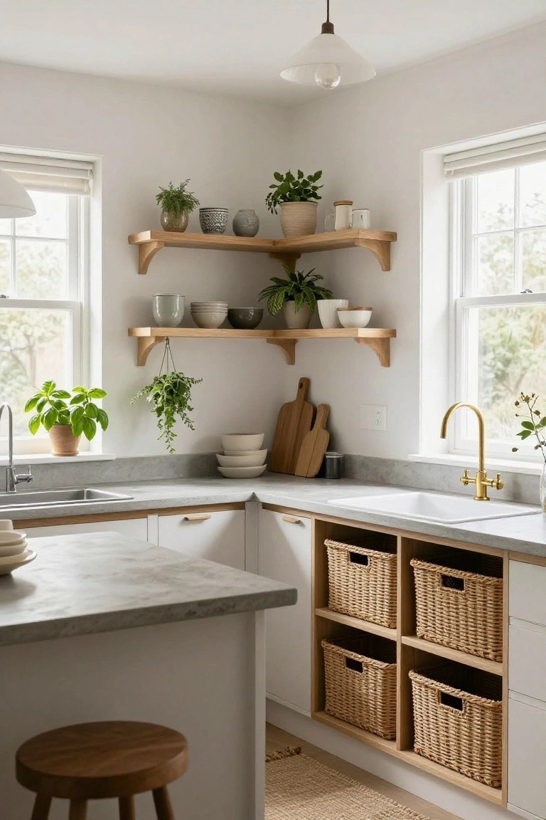 Corner of a white kitchen with open wooden shelves holding plants, ceramic bowls, and pots above gray countertops, a stainless steel sink with brass faucet, and lower cabinets containing woven rattan baskets.