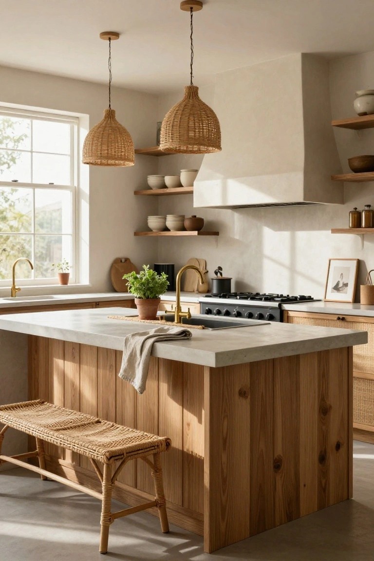 Kitchen interior with two hanging rattan pendant lights over a wood-paneled island with white quartz top and rattan bench, beige walls, open shelves with ceramics, and window light.