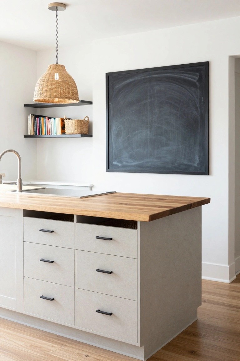 Modern kitchen with light gray cabinets, oak butcher block island top and sink, woven rattan pendant light, black chalkboard wall, floating wooden shelf with books and basket, and hardwood floors.