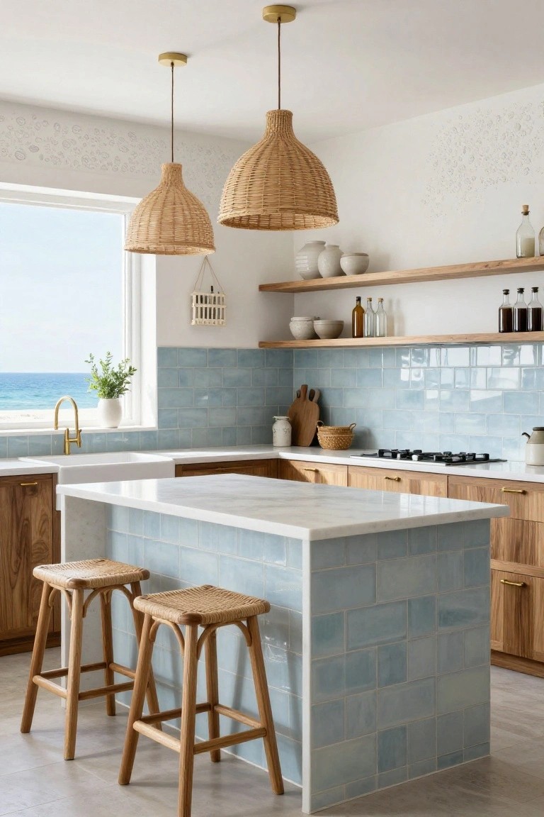 Kitchen interior featuring light blue subway-style tiles on the backsplash and wrapping a white marble island, wooden cabinets, two rattan-woven stools with wood legs, rattan pendant lights overhead, and a window with ocean view.