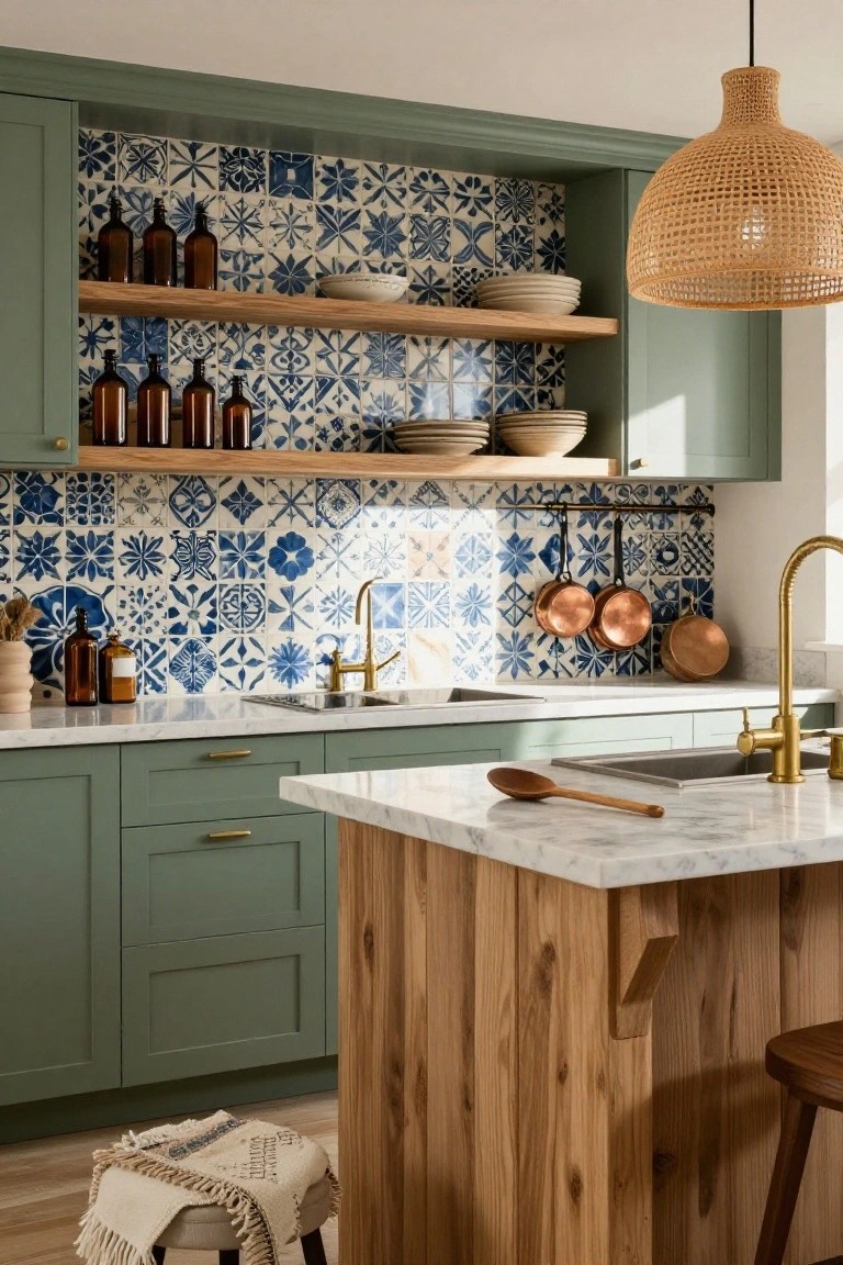 Kitchen with sage green cabinets, blue and white patterned tile backsplash behind sink and stove, oak wood open shelves stocked with glass bottles and plates, white marble island with wood base, brass faucet, hanging copper pots, rattan pendant light, and wood stool.