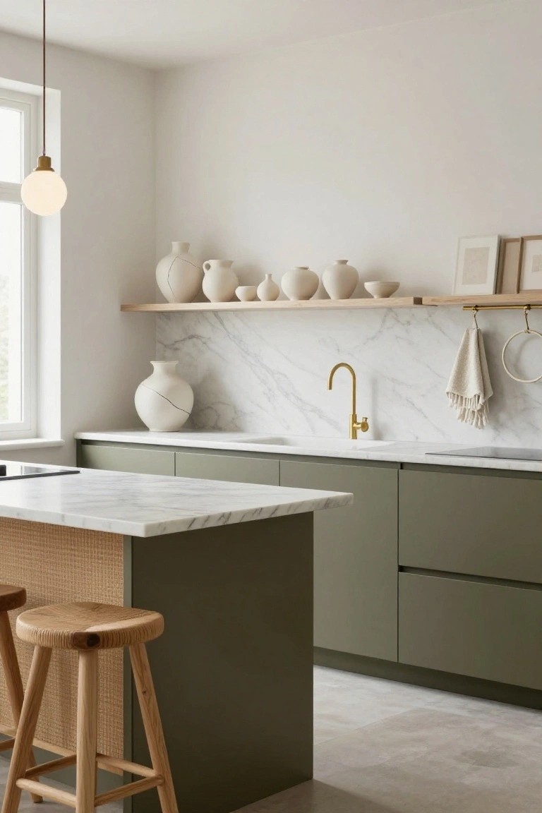 Modern kitchen with sage green lower cabinets, white marble countertops and backsplash, gold gooseneck faucet, open wooden shelves holding white ceramic vases, rattan-wrapped island with two wooden stools, and light beige floor tiles.