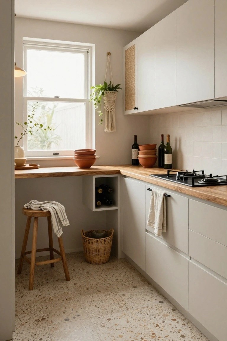Small corner kitchen with white flat-panel cabinets, light wood countertop peninsula including built-in wine storage cubby, wooden bar stool, hanging plants, terracotta pottery, and wine bottles.