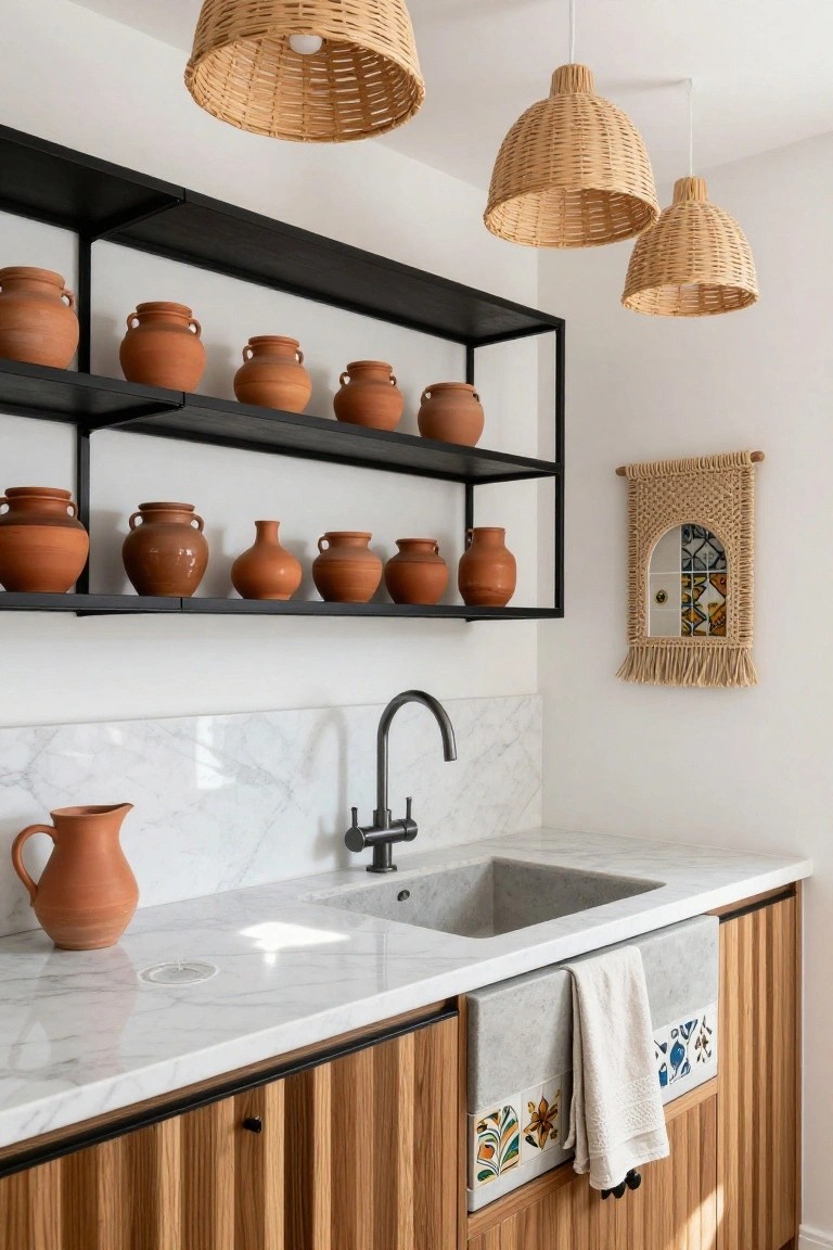 Kitchen interior showing black metal open shelves filled with various terracotta pots and jars above a white marble countertop with farmhouse sink and wooden cabinets below, rattan pendant lights hanging overhead.