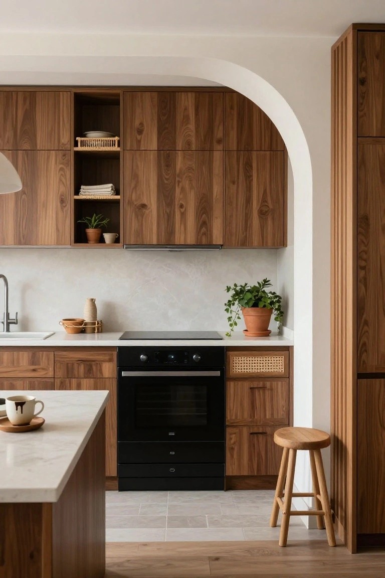 Modern kitchen with walnut wood cabinets, white marble countertops, black oven and cooktop, potted plants, rattan baskets, and an arched white doorway.