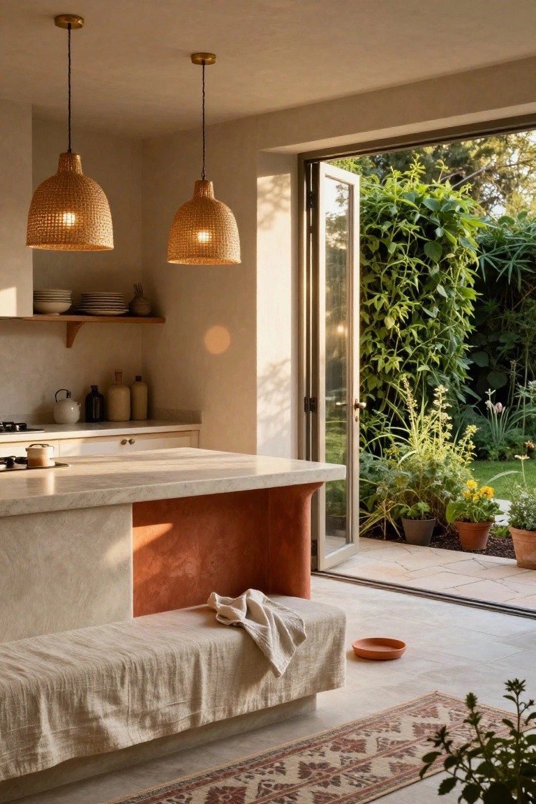 Kitchen with central island featuring terracotta pedestal base and light counter, two woven rattan pendant lights hanging above, open shelves holding plates and ceramics, and bifold doors open to a garden with plants and greenery.