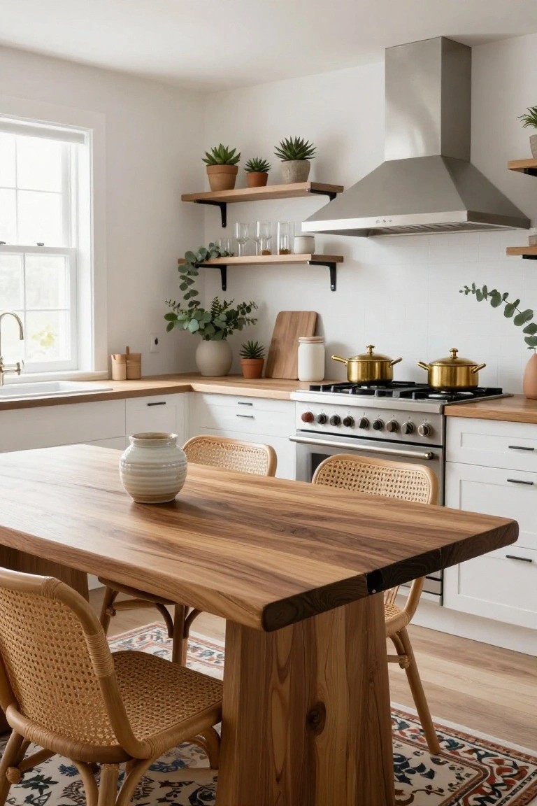 Bright kitchen interior with white cabinets, light wood countertops and dining table, rattan chairs, potted plants on floating shelves, gold saucepans on gas stove burners, and stainless steel range hood.