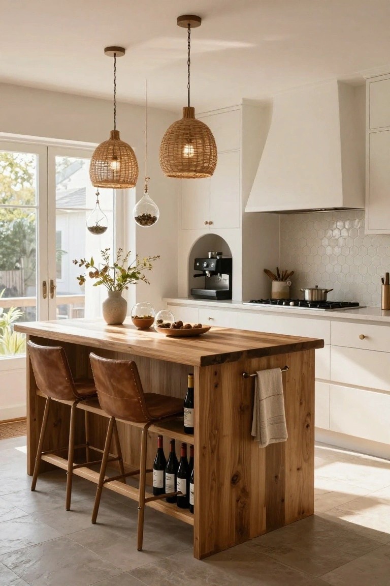 A bright kitchen with white cabinets, a light wood island featuring built-in wine storage and two leather bar stools, rattan pendant lights, and French doors opening to a garden view.