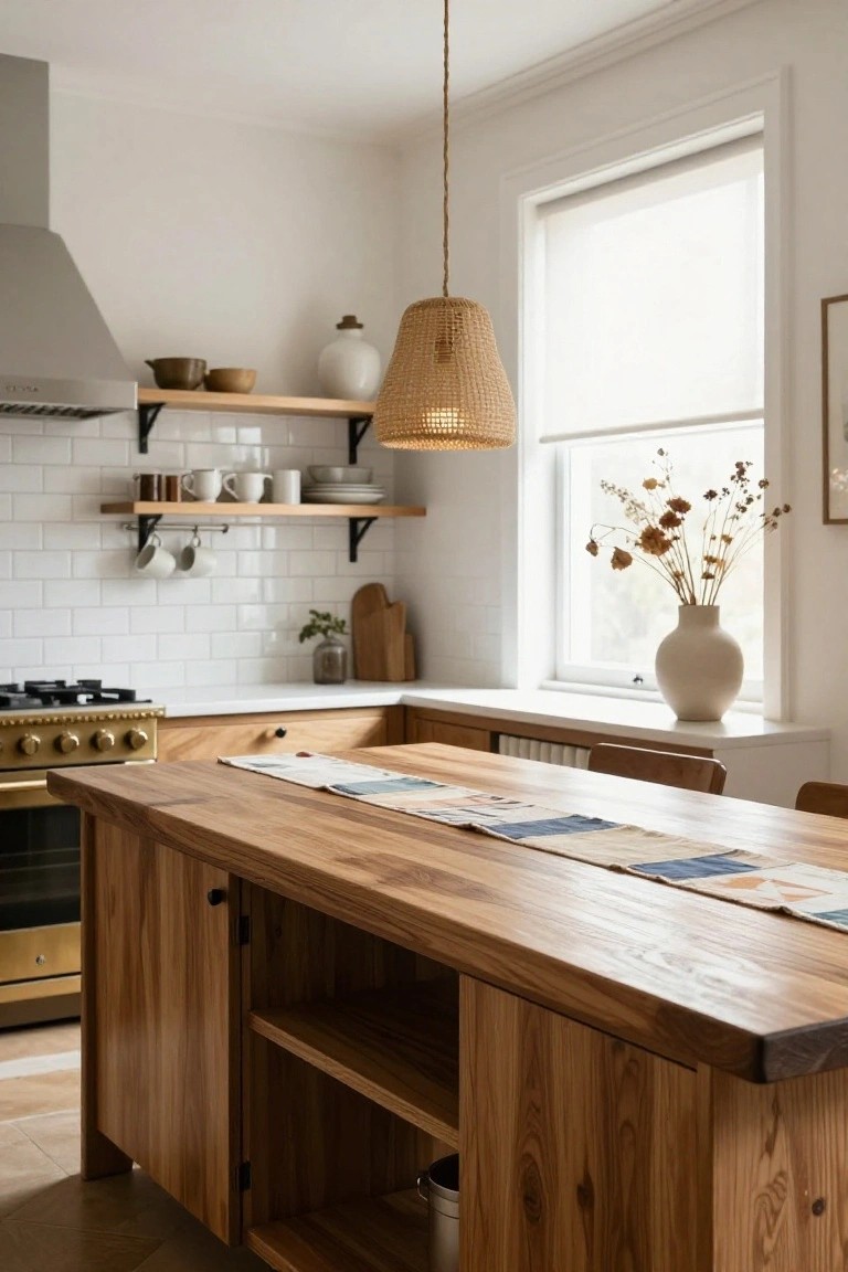 Bright kitchen interior with large wooden island table featuring drawers and open storage, white subway tile backsplash, rattan pendant light, brass range cooker, and window sill with white vase of dried flowers.