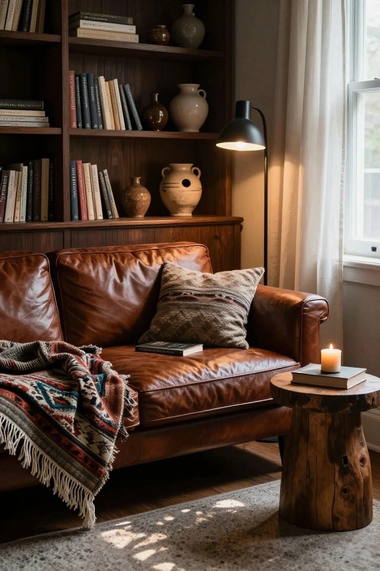 Brown leather sofa with patterned pillows and fringed throw blanket in a wood-paneled room lined with bookshelves and pottery, beside a black floor lamp, wooden side table with stacked books and lit candle, sheer window curtains, and hardwood floor.