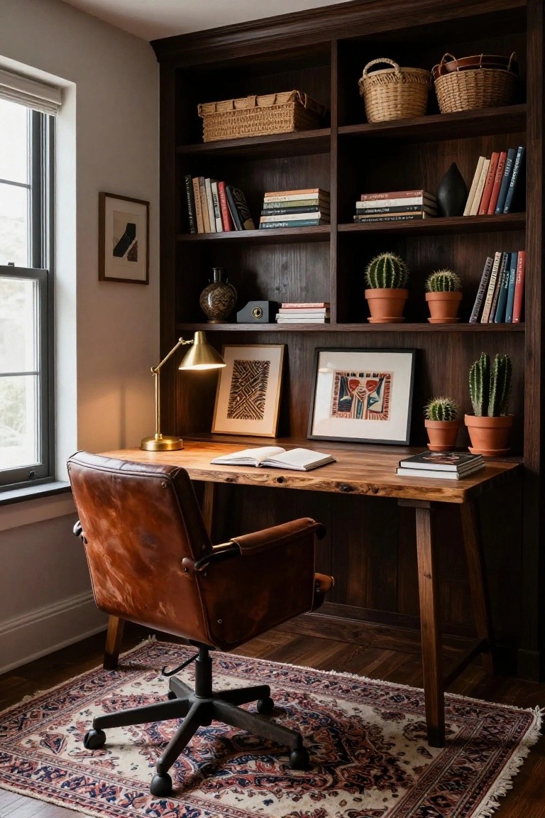 Home office corner with dark wood built-in bookshelves filled with books, baskets, potted cacti, and ceramics surrounding a live-edge wood desk, open book, brass lamp, framed art, brown leather swivel chair, and patterned rug on wood floor by a window.