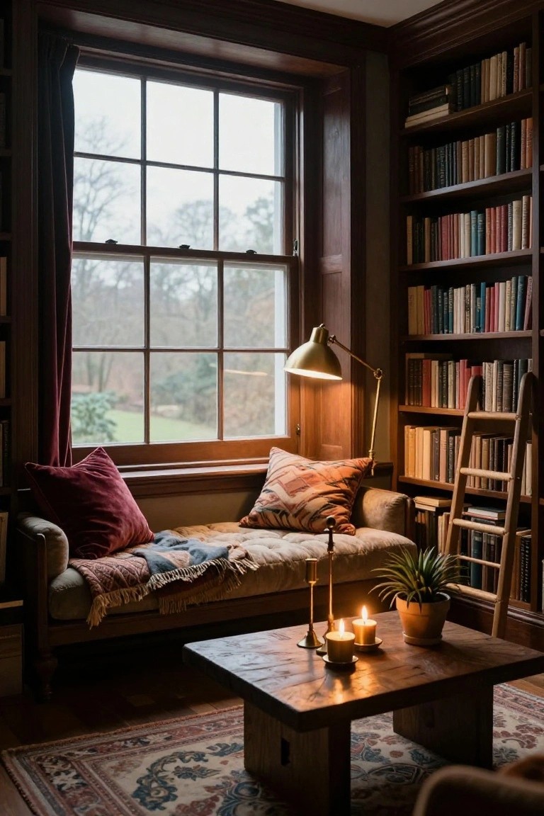 Wood-paneled library room with tall bookshelves, a window seat on beige upholstery loaded with maroon velvet pillows, orange patterned pillow, and multicolored throw blanket, brass arch lamp, wooden ladder, low wooden table holding brass candlesticks with lit candles and potted plant, large multi-pane window showing misty outdoor trees and lawn.