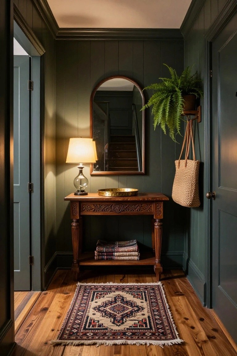 Narrow hallway with dark green vertical paneled walls, arched wood mirror hanging above a carved wooden console table holding a lamp, brass tray, and stacked textiles, a potted fern on a plant stand, woven bag on wall hook, patterned rug on wood plank floor, and two paneled doors.