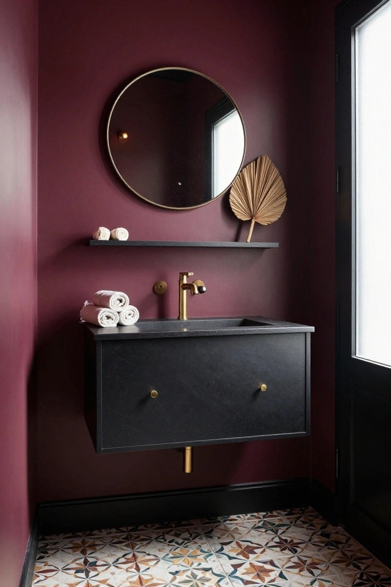 Small bathroom with deep maroon walls, black floating vanity topped by a stone sink and gold faucet, round gold mirror, black shelf holding white towels and gold orbs, tan palm leaf wall hanging, and colorful patterned tile floor.