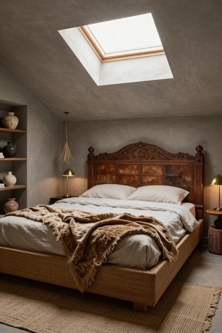 Bedroom interior with an ornate carved wooden headboard featuring leather panels on a rattan bed frame, white linens topped with a fringed tan throw, bedside lamps on wooden tables, pottery on wall shelves, and a skylight in the textured gray ceiling.