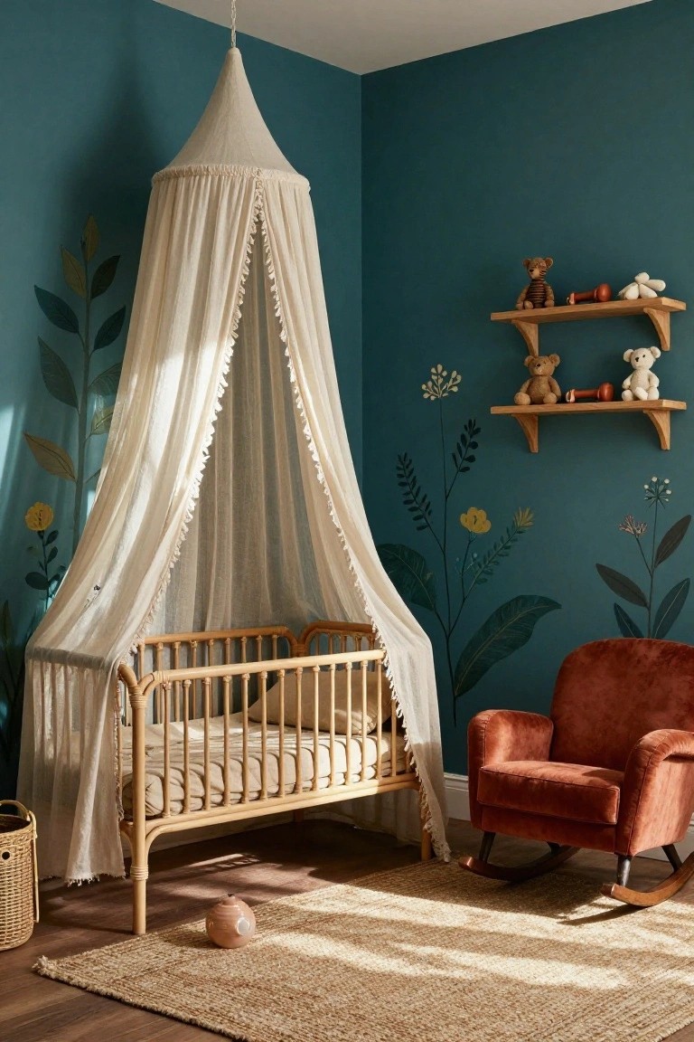 Teal nursery room with botanical leaf and flower murals on walls, rattan crib under peaked white sheer canopy, wooden shelves with stuffed bears and toys, rust velvet rocking chair, seagrass rug, and woven basket on wood floor.