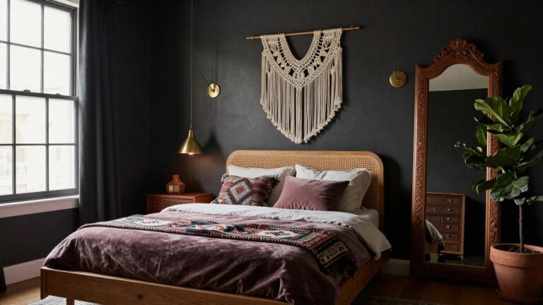Bedroom interior with gray walls, a rattan headboard on an oak bed frame draped in purple velvet bedding and a colorful woven throw, macrame wall hanging, carved wood mirror, brass wall lamp, wooden nightstand, potted fiddle leaf fig plant, and dark curtains over a window.