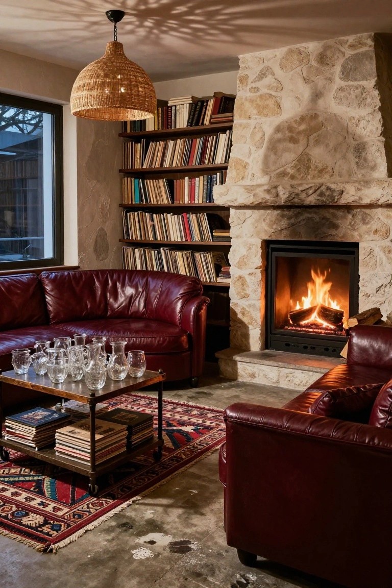 Living room interior with red leather sofas facing a large stone fireplace with burning logs, built-in bookshelves on stone walls, low table holding glasses and books, rattan pendant light overhead, and patterned rug on concrete floor.