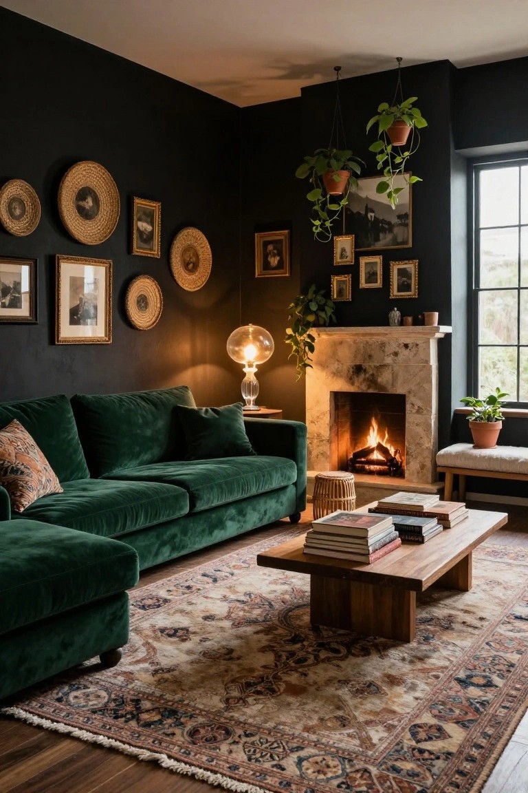 Dark-walled living room corner with L-shaped emerald green velvet sofa facing a lit stone fireplace, eclectic wall gallery of frames and woven baskets, hanging plants, wooden coffee table with stacked books, and Persian rug on hardwood floor.