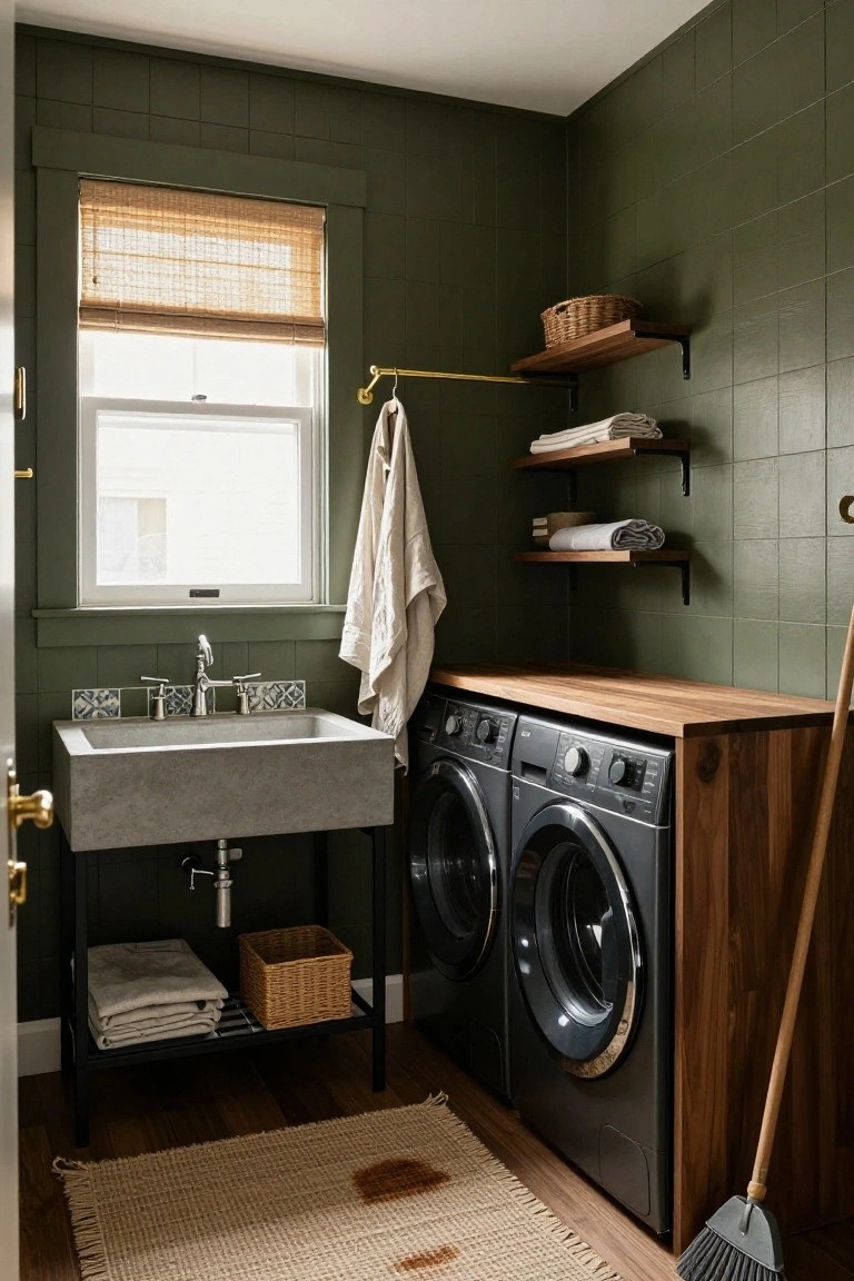 Small interior laundry room with dark green subway tile walls, concrete sink on black metal stand holding towels and basket, black washer and dryer in wooden cabinet with butcher block top, wooden wall shelves with linens and baskets, wicker roman shade on window, woven rug on wood floor, and broom in corner.