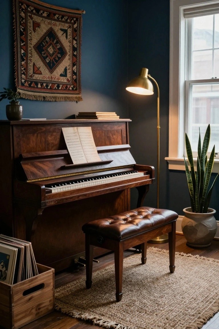 Vintage upright piano with sheet music on the stand in a deep blue room, next to a gold arched lamp, boho tapestry on wall, snake plant in pot, leather stool, and wooden crate of vinyl records on hardwood floor.