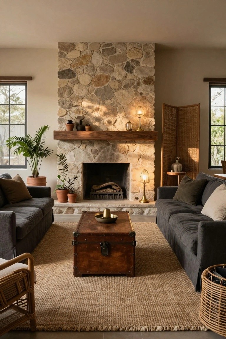 Living room with a tall fireplace wall clad in irregularly shaped natural stones, dark gray low sofas facing it across a wooden trunk coffee table on a seagrass rug, potted plants nearby, brass lamps, and a folding screen.