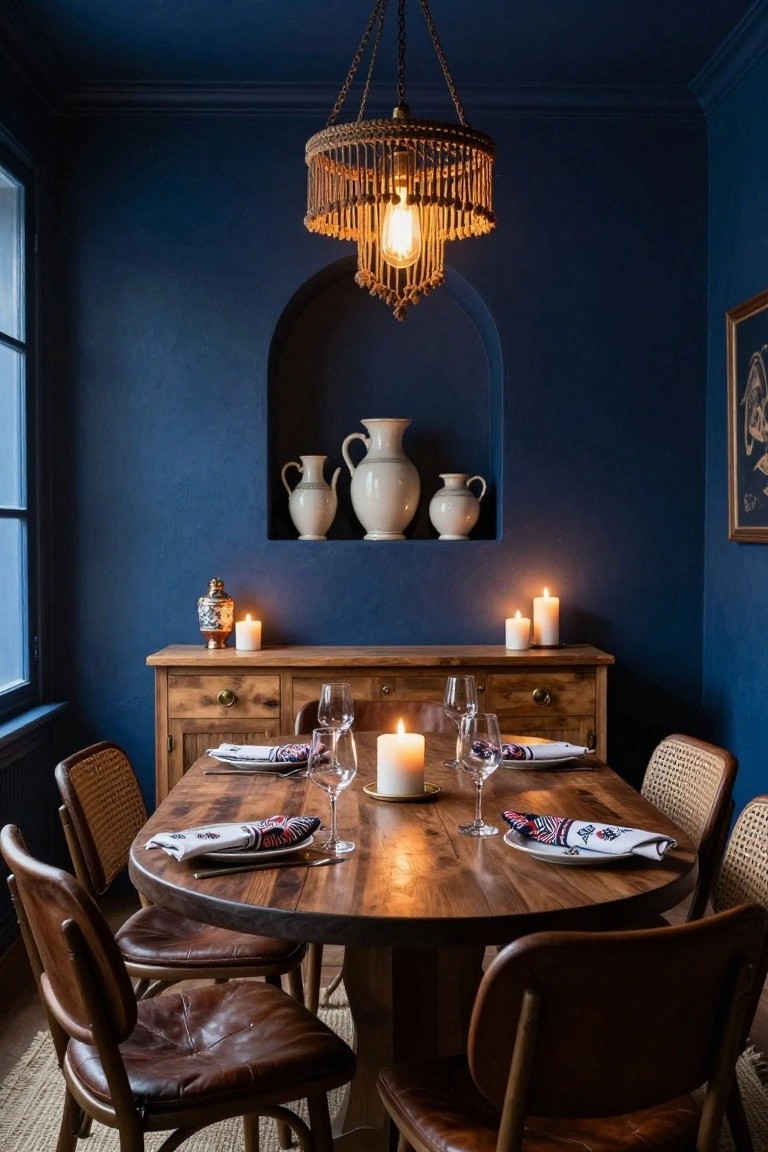 Dining room with deep navy blue walls, round wooden table set for dinner with white plates and patterned napkins, rattan chairs with leather seats, wooden sideboard holding wine glasses and candles, rattan chandelier overhead, and arched niche displaying white ceramic vases.