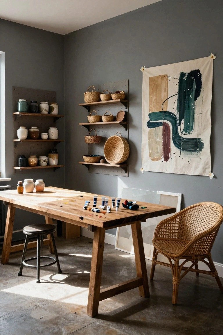 Gray corner room with wooden open shelves holding wicker baskets and ceramic jars, a wooden workbench cluttered with paint tubes and brushes, a metal stool, rattan chair, and large abstract wall hanging.