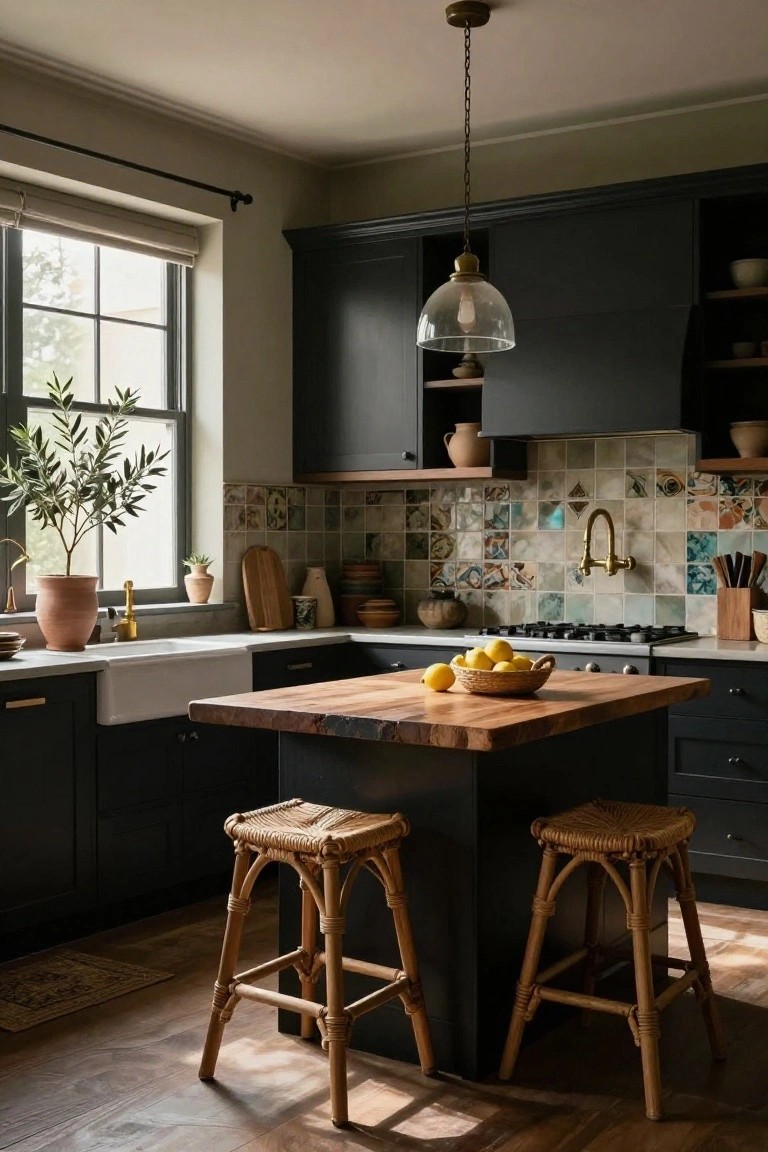 Kitchen interior with dark cabinets, colorful patterned tile backsplash, white farmhouse sink, wooden island topped with lemons in a basket, rattan stools, and potted olive tree by the window.