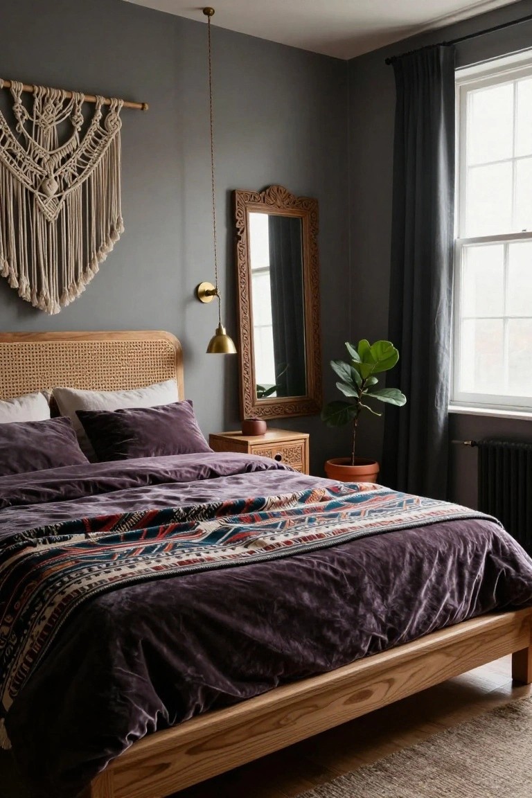 Bedroom interior with gray walls, a rattan headboard on an oak bed frame draped in purple velvet bedding and a colorful woven throw, macrame wall hanging, carved wood mirror, brass wall lamp, wooden nightstand, potted fiddle leaf fig plant, and dark curtains over a window.