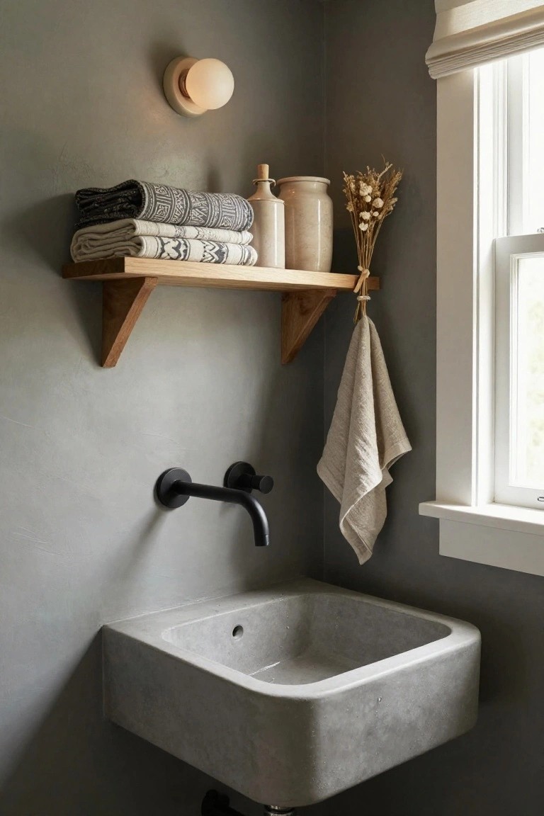 Corner raw concrete sink with black wall-mounted faucet below wooden floating shelf holding stacked towels, pottery, and dried wheat stalks, linen towel hanging from shelf hook, against textured gray wall next to window with white trim.